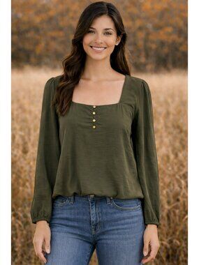 Nation LTD Square Neck 100% Cotton Blouse Women’s Medium Dark Olive Green Made I